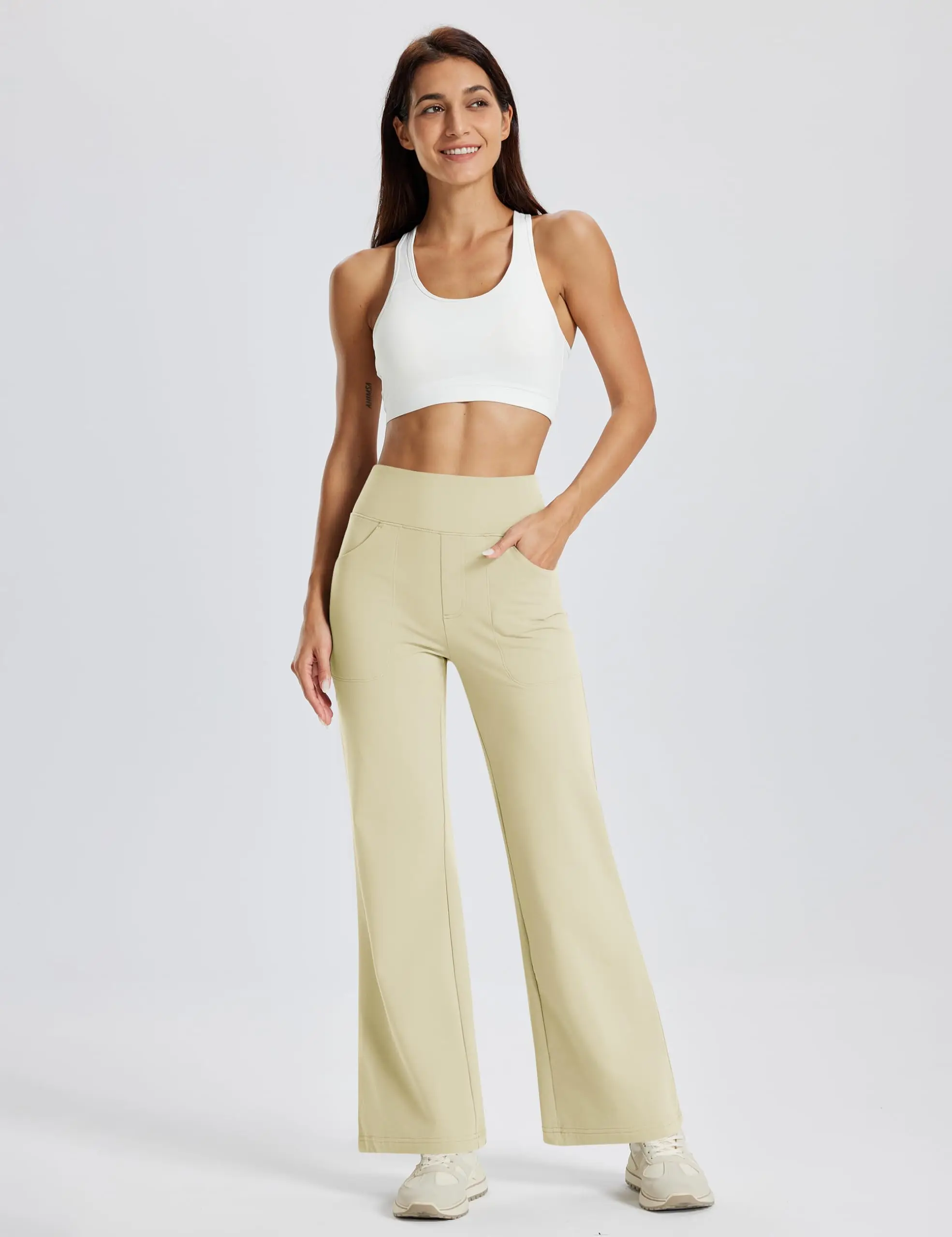 TACVASEN Women's Fleece Lined Wide Leg Yoga Pants Waterproof High Waist Business Pants Winter Warm Sweatpants with Pockets