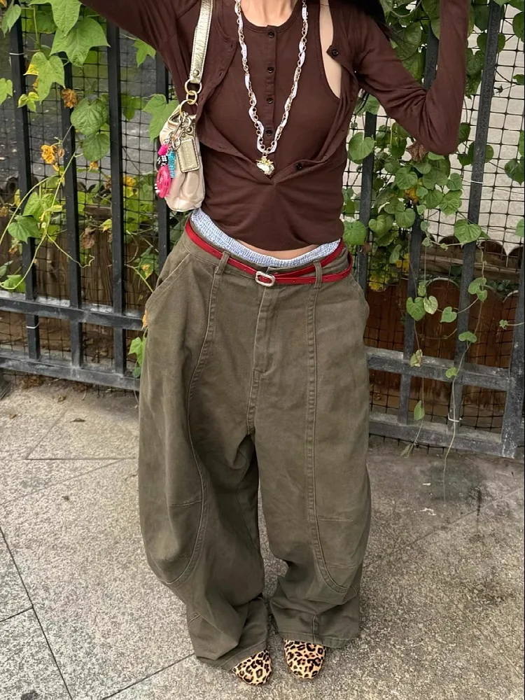 Large Size American Retro Military Green Curved Knife Work Pants For Women In 2025 Street High-End Relaxed Casual Floor Pants