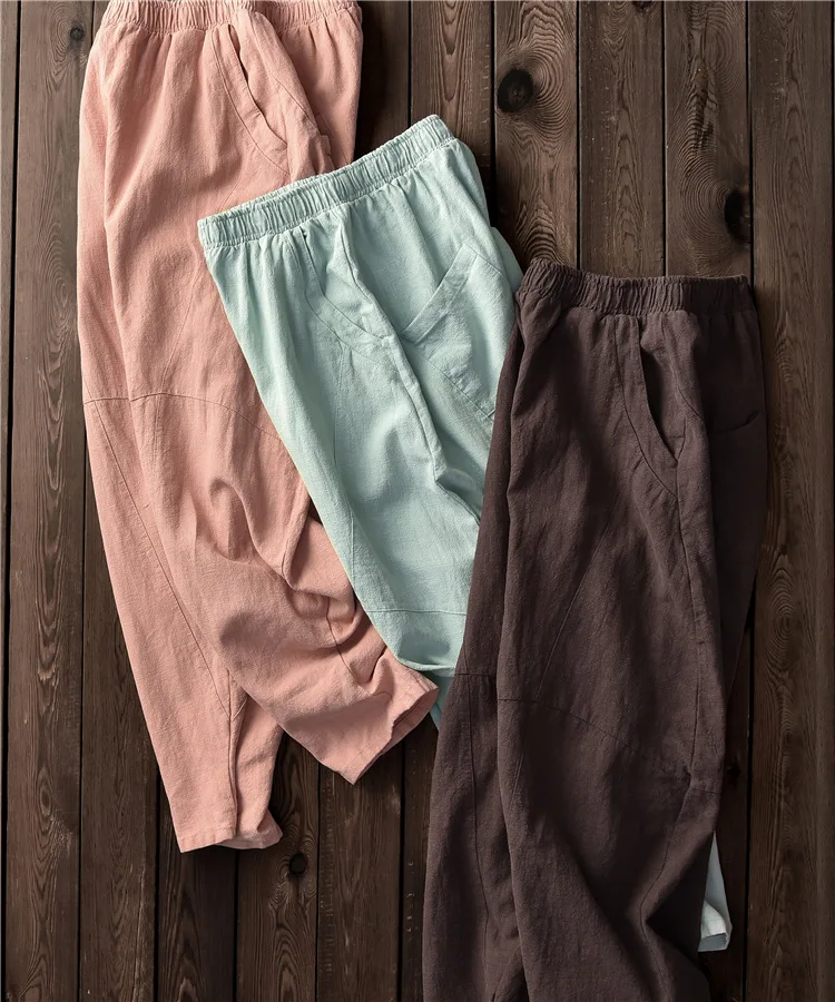 Johnature Women Cotton Linen Harem Pants Loose Trouser 2025 Autumn New Elastic Waist Solid Color Pockets Patchwork Women Pants
