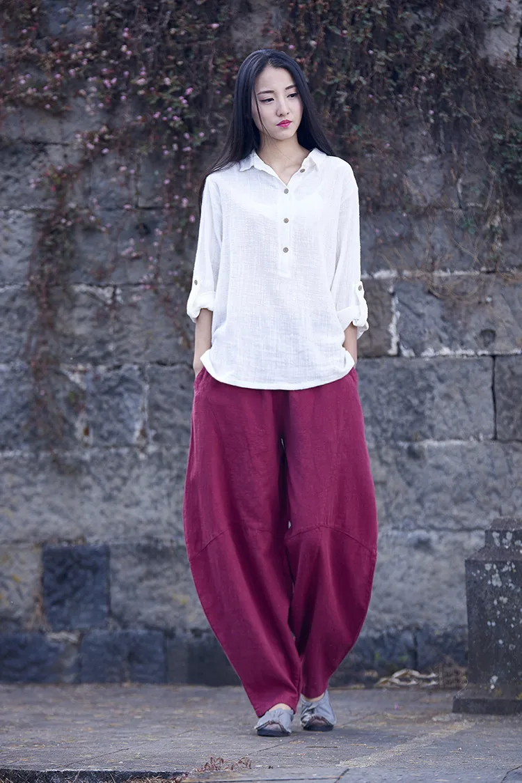 Johnature Women Cotton Linen Harem Pants Loose Trouser 2025 Autumn New Elastic Waist Solid Color Pockets Patchwork Women Pants