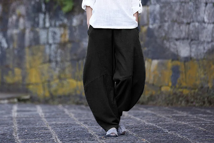 Johnature Women Cotton Linen Harem Pants Loose Trouser 2025 Autumn New Elastic Waist Solid Color Pockets Patchwork Women Pants