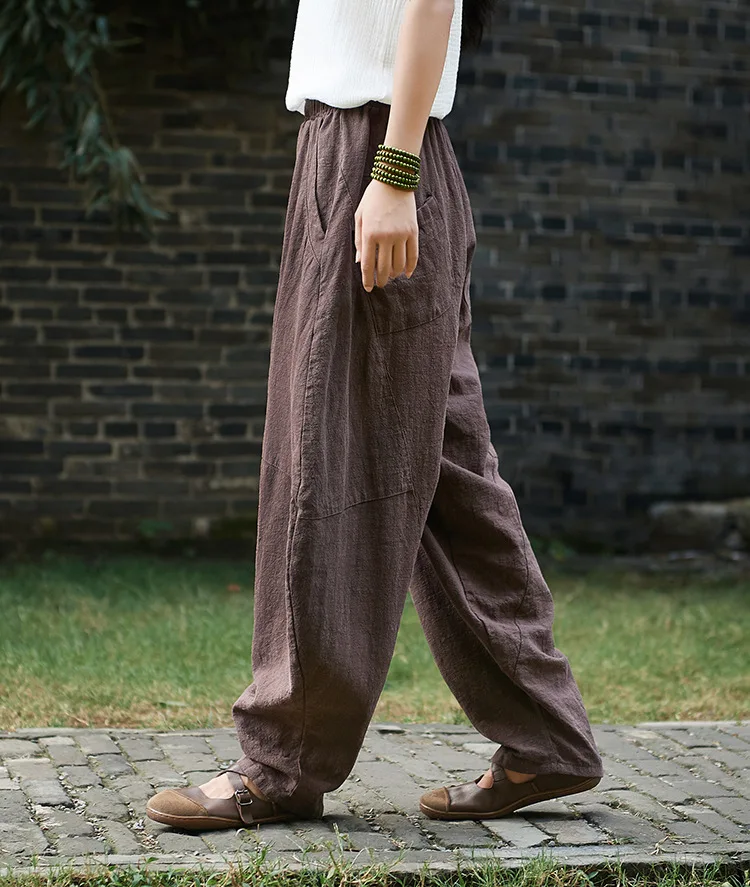 Johnature Women Cotton Linen Harem Pants Loose Trouser 2025 Autumn New Elastic Waist Solid Color Pockets Patchwork Women Pants