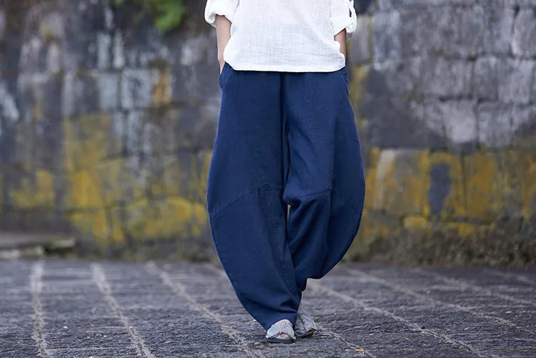 Johnature Women Cotton Linen Harem Pants Loose Trouser 2025 Autumn New Elastic Waist Solid Color Pockets Patchwork Women Pants