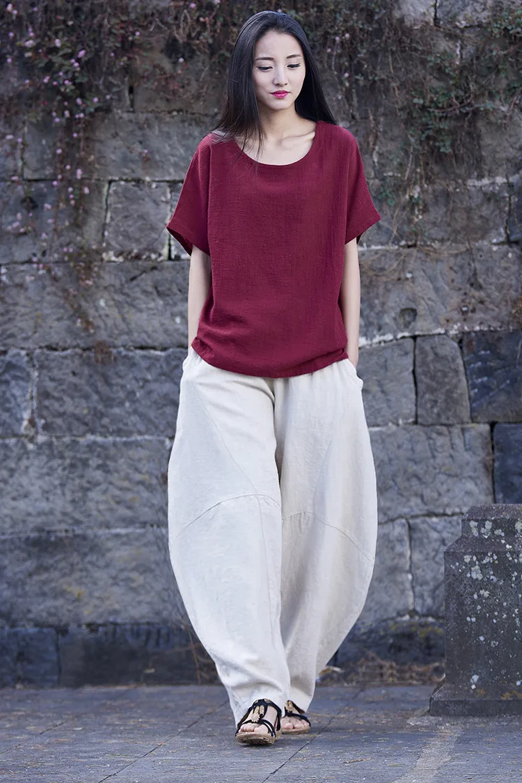 Johnature Women Cotton Linen Harem Pants Loose Trouser 2025 Autumn New Elastic Waist Solid Color Pockets Patchwork Women Pants
