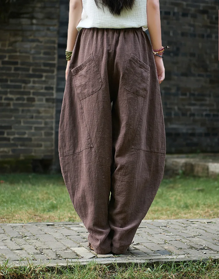 Johnature Women Cotton Linen Harem Pants Loose Trouser 2025 Autumn New Elastic Waist Solid Color Pockets Patchwork Women Pants