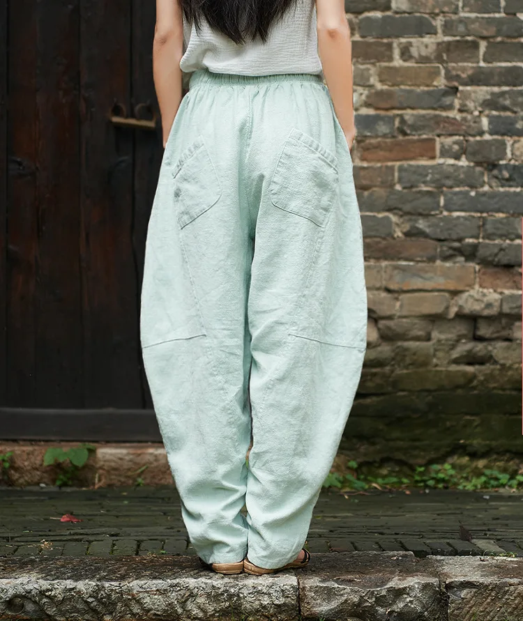 Johnature Women Cotton Linen Harem Pants Loose Trouser 2025 Autumn New Elastic Waist Solid Color Pockets Patchwork Women Pants