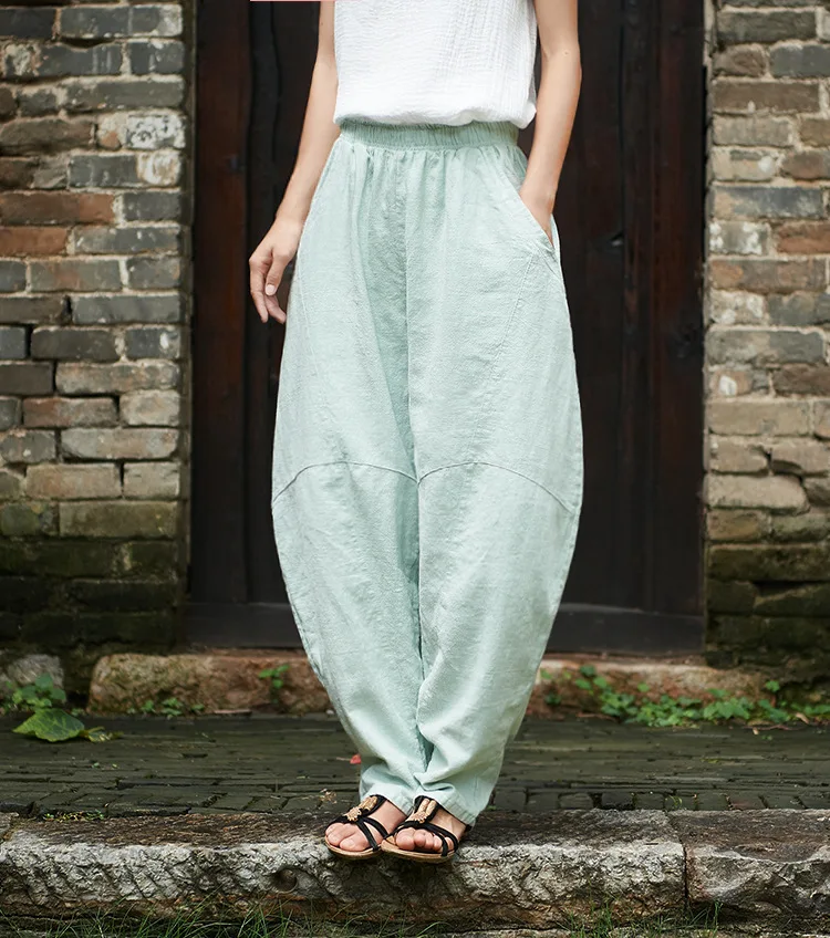 Johnature Women Cotton Linen Harem Pants Loose Trouser 2025 Autumn New Elastic Waist Solid Color Pockets Patchwork Women Pants