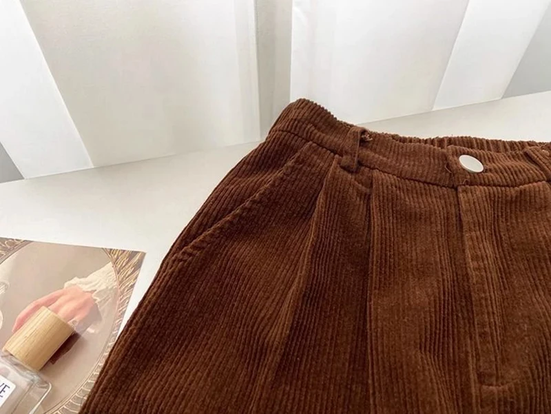 Women Korean Fashion Spring Fall Retro Straight High Waist Corduroy Pants Causal Full Length Trousers All Match Office Lady Pant