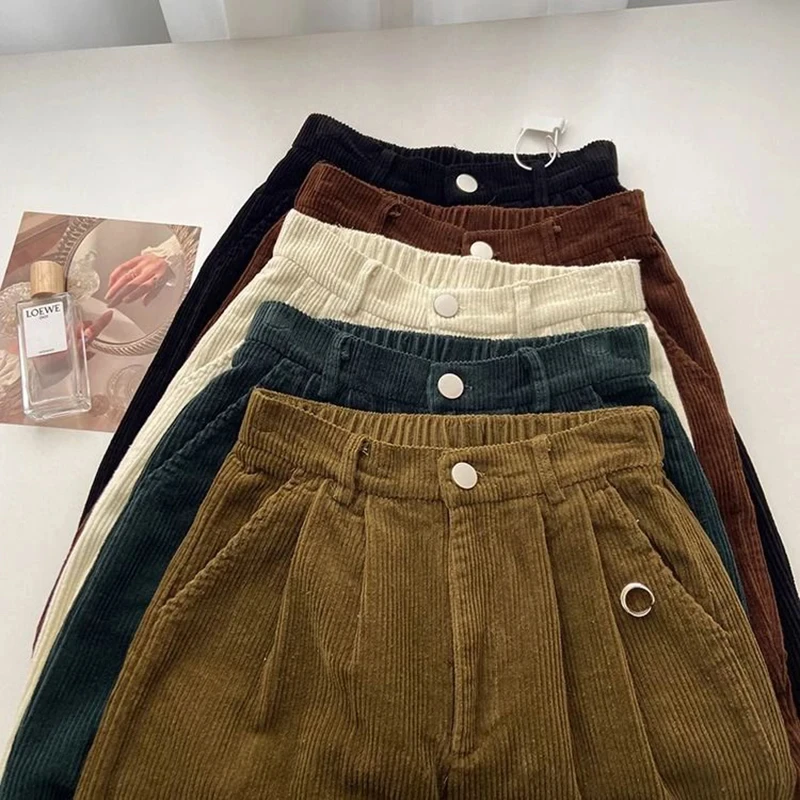 Women Korean Fashion Spring Fall Retro Straight High Waist Corduroy Pants Causal Full Length Trousers All Match Office Lady Pant