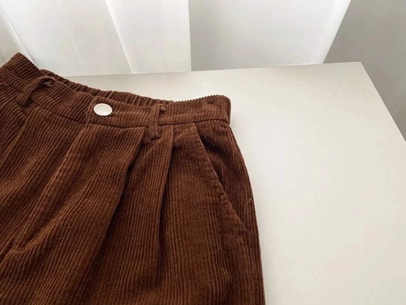 Women Korean Fashion Spring Fall Retro Straight High Waist Corduroy Pants Causal Full Length Trousers All Match Office Lady Pant