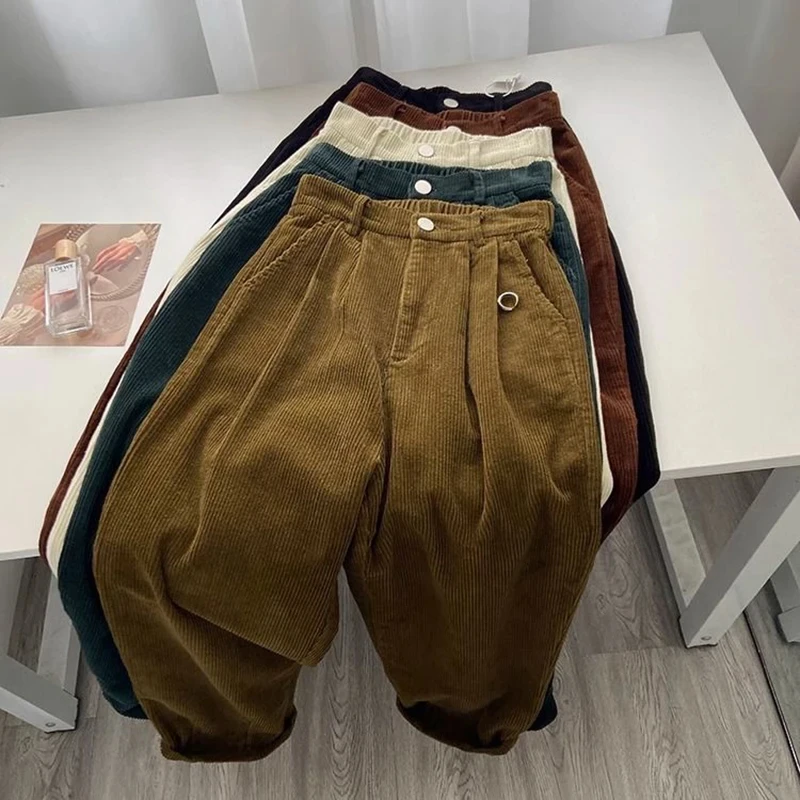 Women Korean Fashion Spring Fall Retro Straight High Waist Corduroy Pants Causal Full Length Trousers All Match Office Lady Pant
