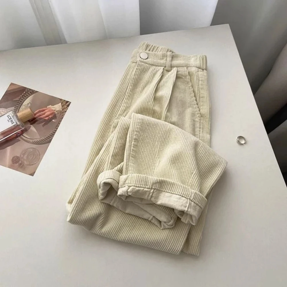 Women Korean Fashion Spring Fall Retro Straight High Waist Corduroy Pants Causal Full Length Trousers All Match Office Lady Pant
