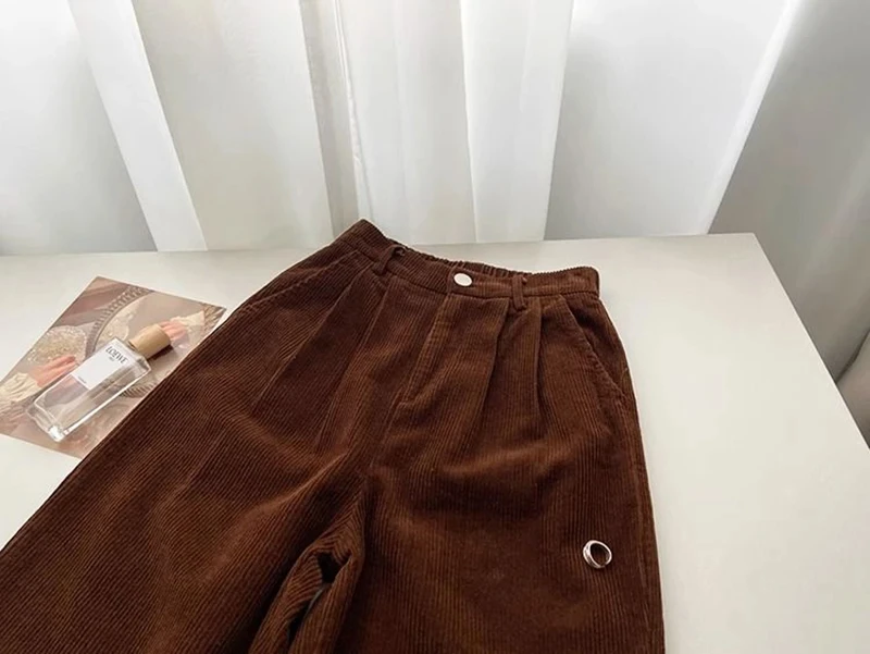 Women Korean Fashion Spring Fall Retro Straight High Waist Corduroy Pants Causal Full Length Trousers All Match Office Lady Pant