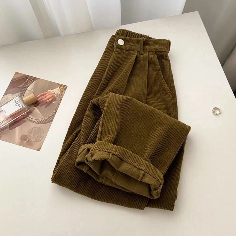 Women Korean Fashion Spring Fall Retro Straight High Waist Corduroy Pants Causal Full Length Trousers All Match Office Lady Pant