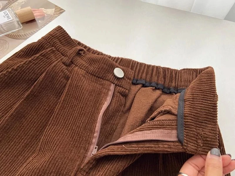 Women Korean Fashion Spring Fall Retro Straight High Waist Corduroy Pants Causal Full Length Trousers All Match Office Lady Pant