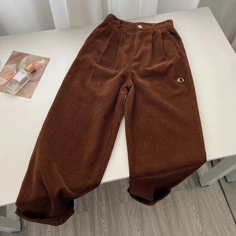 Women Korean Fashion Spring Fall Retro Straight High Waist Corduroy Pants Causal Full Length Trousers All Match Office Lady Pant