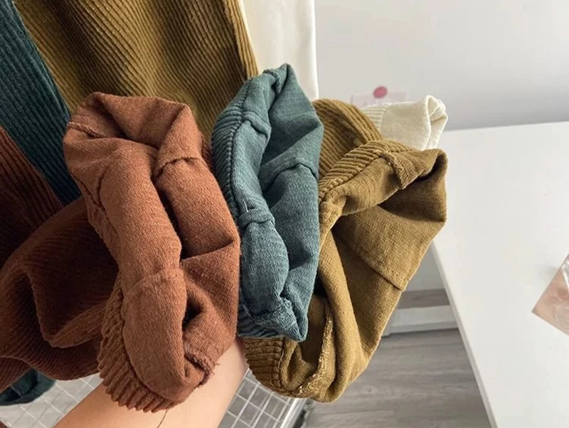 Women Korean Fashion Spring Fall Retro Straight High Waist Corduroy Pants Causal Full Length Trousers All Match Office Lady Pant
