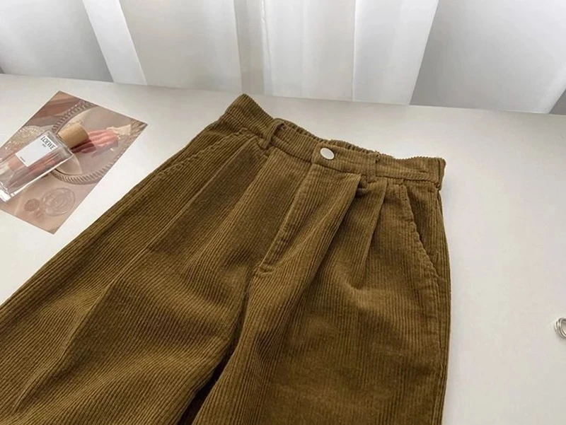 Women Korean Fashion Spring Fall Retro Straight High Waist Corduroy Pants Causal Full Length Trousers All Match Office Lady Pant