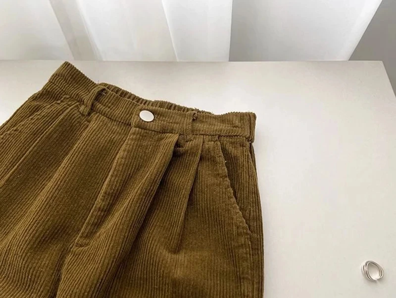 Women Korean Fashion Spring Fall Retro Straight High Waist Corduroy Pants Causal Full Length Trousers All Match Office Lady Pant