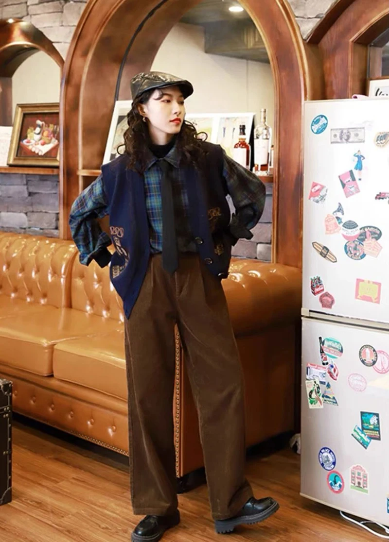 Women Korean Fashion Spring Fall Retro Straight High Waist Corduroy Pants Causal Full Length Trousers All Match Office Lady Pant