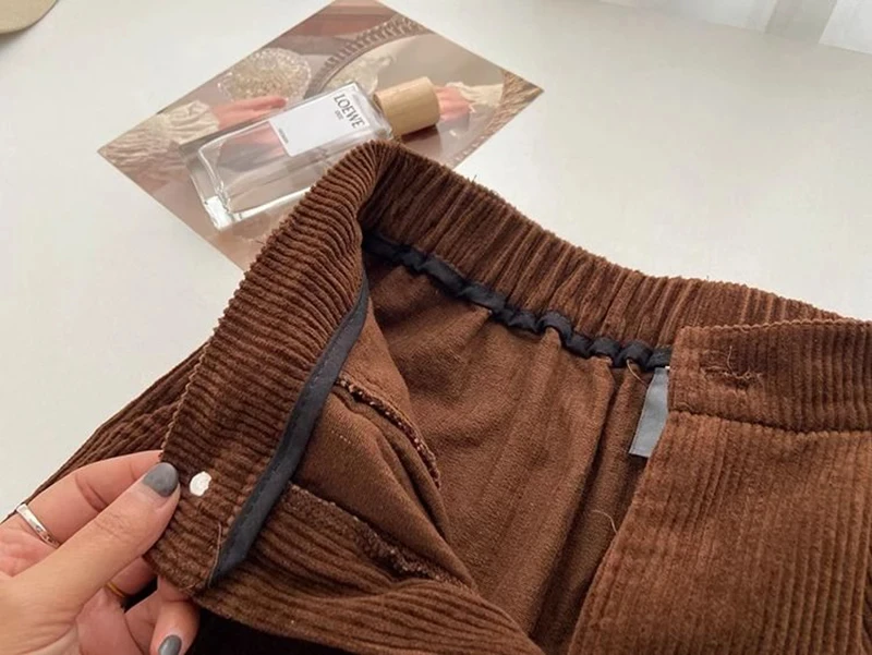 Women Korean Fashion Spring Fall Retro Straight High Waist Corduroy Pants Causal Full Length Trousers All Match Office Lady Pant