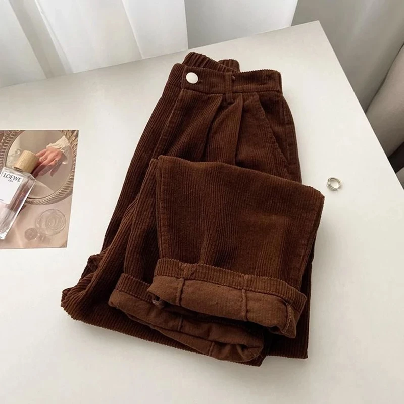 Women Korean Fashion Spring Fall Retro Straight High Waist Corduroy Pants Causal Full Length Trousers All Match Office Lady Pant