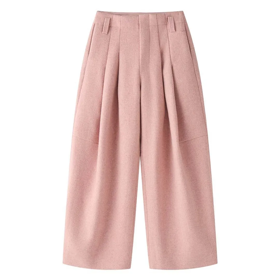 LANMREM 2025 Winter New Korean Fashion Woolen Pleated Wool Trousers Loose Slimming Warm Long Pants For Women
