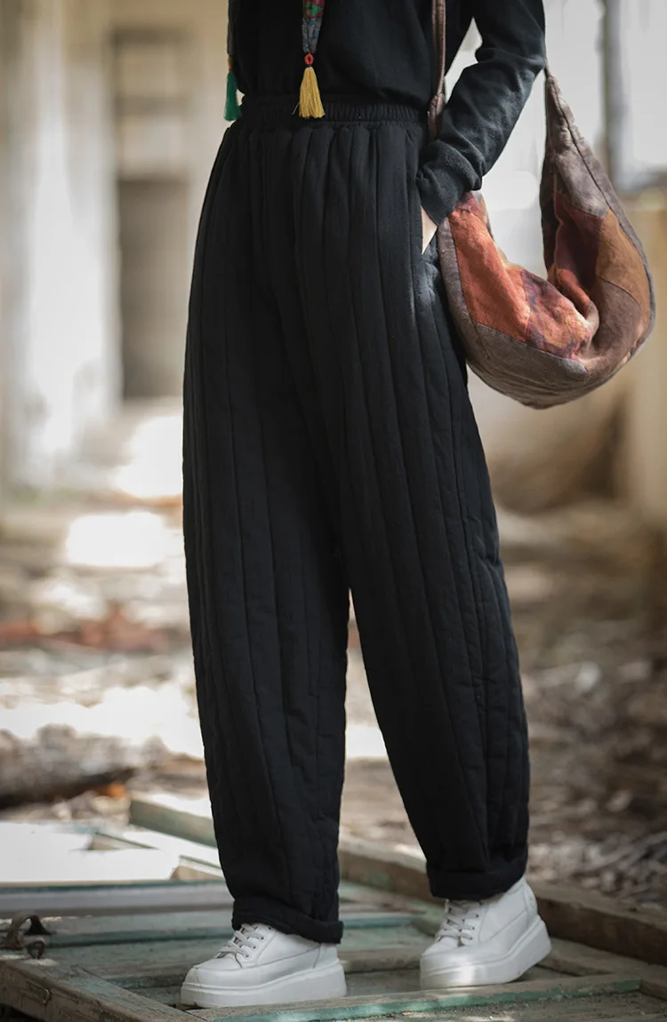 Johnature Women Vintage Plus Cotton Warm Straight Pants Elastic Waist Winter Trouser 2025 New Solid Color Women Casual Pants