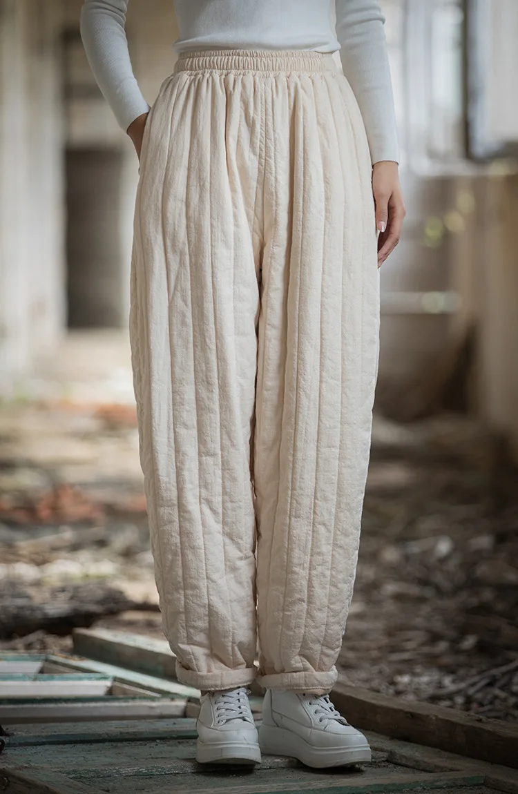 Johnature Women Vintage Plus Cotton Warm Straight Pants Elastic Waist Winter Trouser 2025 New Solid Color Women Casual Pants