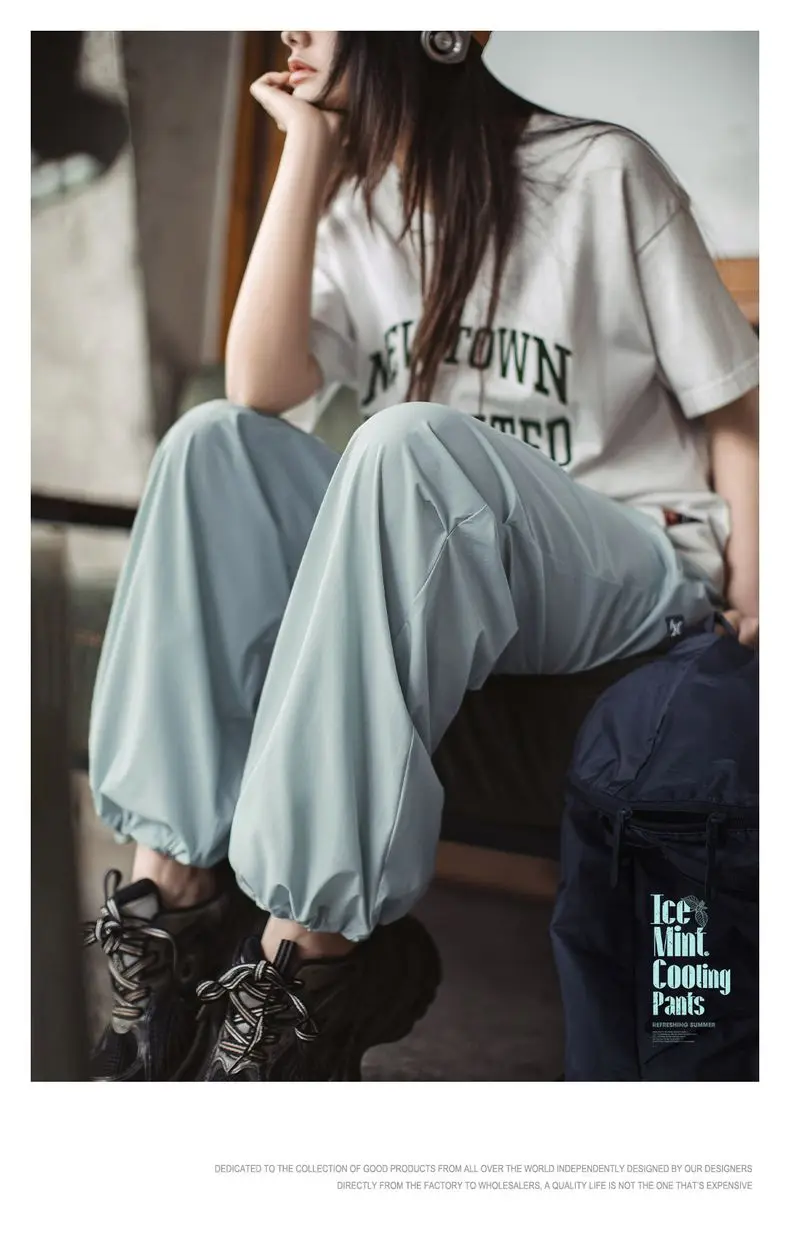 Maden Women's Summer Casual Cool-Touch Parachute Pants Lightweight Elastic Waist Joggers Pants Street Cargo Loose Fit Trousers