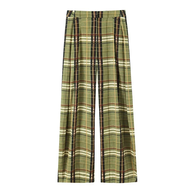 MUJER Plaid Baggy Pants Woman Casual Wide Leg Pants for Women Mid Waist Oversize Women's Pants Vintage Pleated Trousers Womens