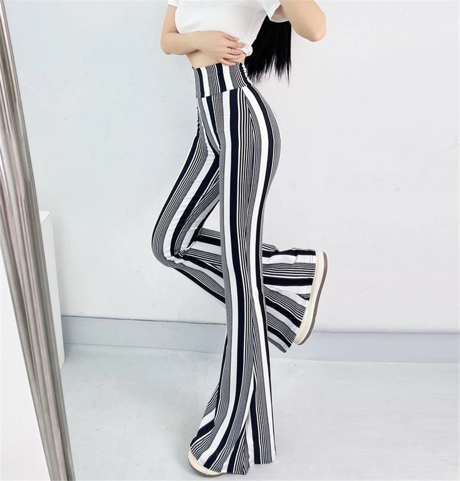 Sexy High Waist Striped Flare Pants Women Streetwear Print Tie Dye Slim Pantalones Vintage Lenggings Spodnie Aesthetic Trousers