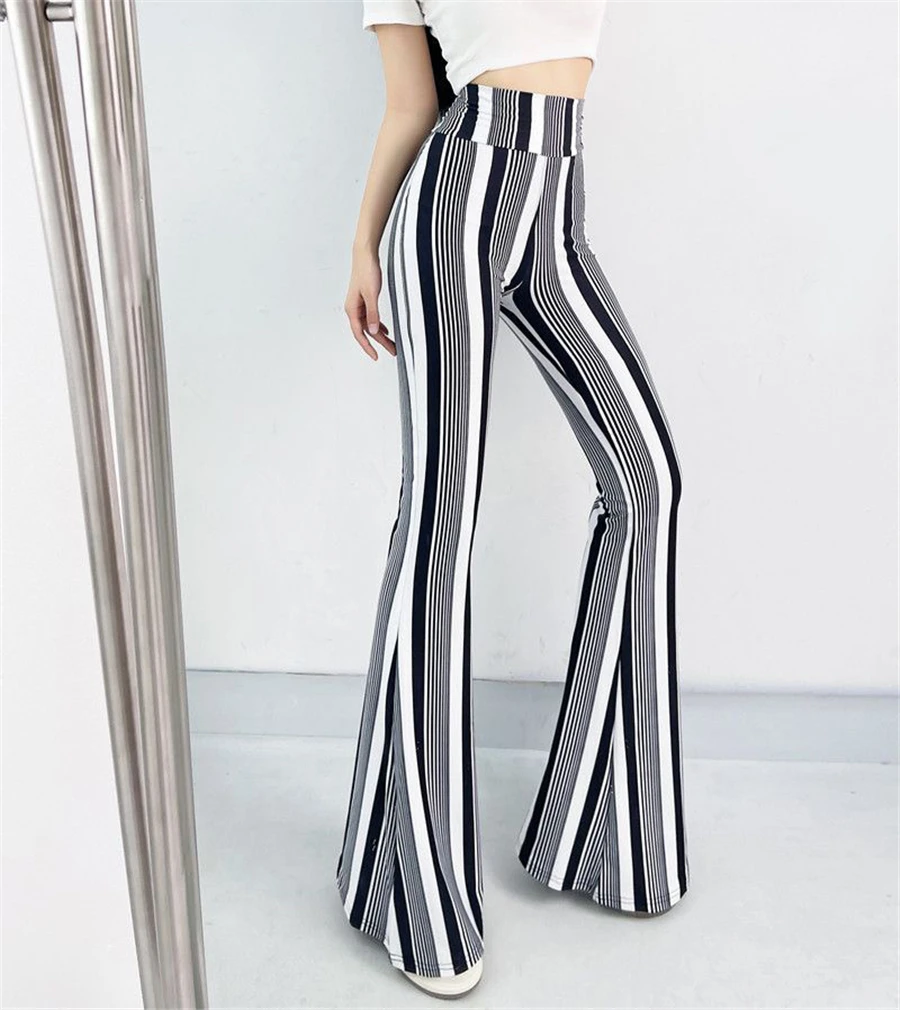 Sexy High Waist Striped Flare Pants Women Streetwear Print Tie Dye Slim Pantalones Vintage Lenggings Spodnie Aesthetic Trousers