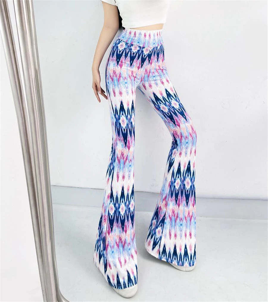 Sexy High Waist Striped Flare Pants Women Streetwear Print Tie Dye Slim Pantalones Vintage Lenggings Spodnie Aesthetic Trousers