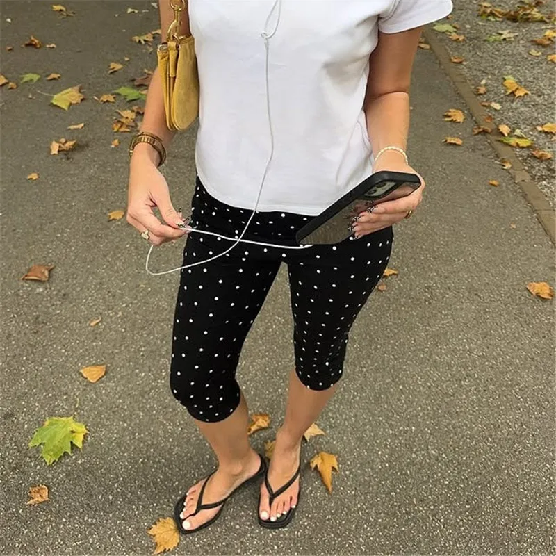 Women Y2k Polka Dot Printed Capris Cute Low Rise Stretchy Cropped Pants Side Bow Tie Skinny Capri Leggings Going Out Streetwear