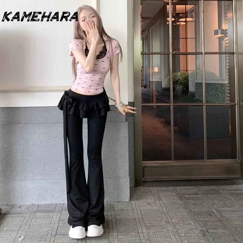 KAMEHARA Japanese Soft Girl Cake Fake Two Piece Skirt Pant Female Harajuku Style Y2k Sexy Slim Fit Slightly Flared Wide Leg Pant