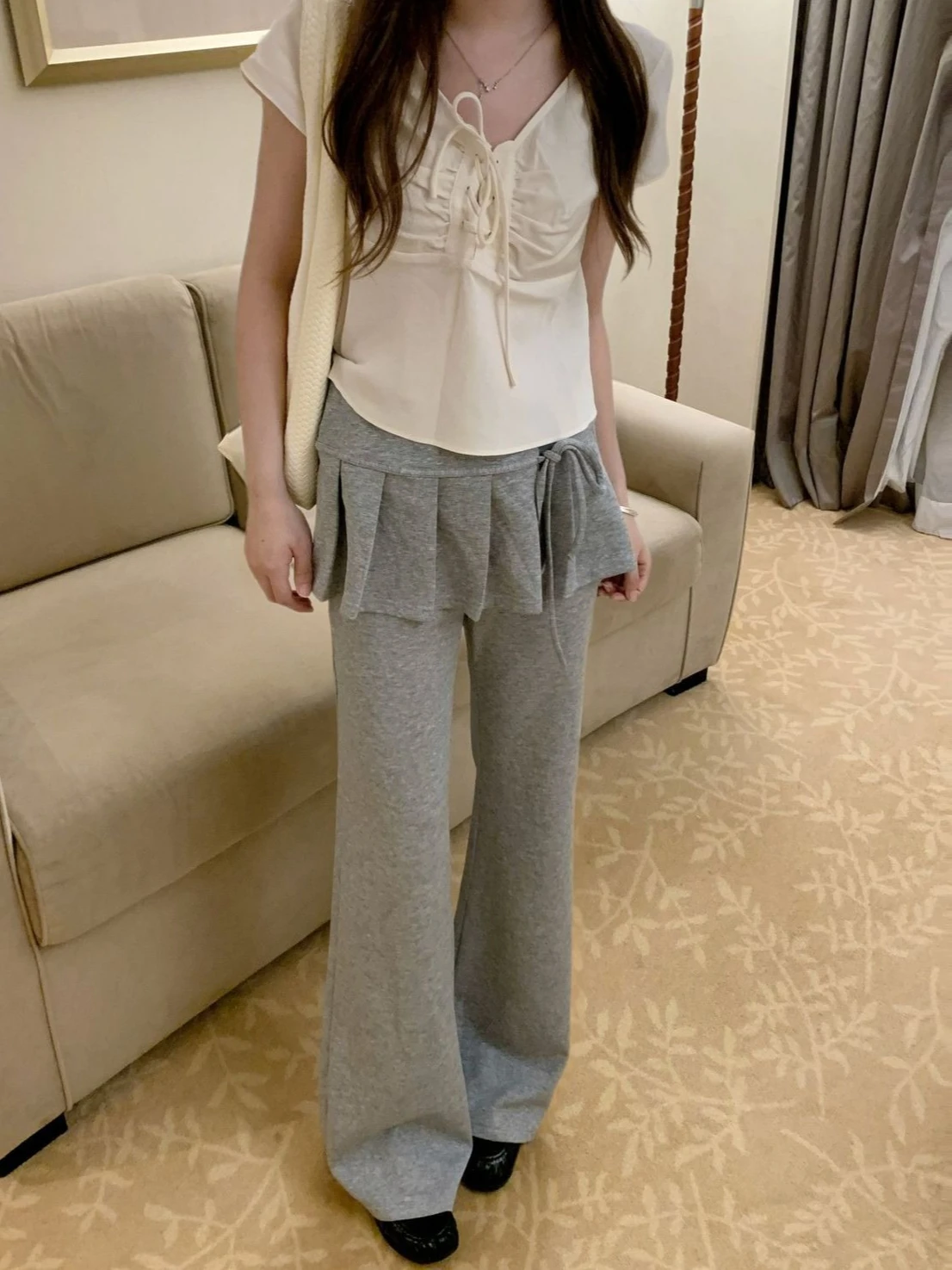KAMEHARA Japanese Soft Girl Cake Fake Two Piece Skirt Pant Female Harajuku Style Y2k Sexy Slim Fit Slightly Flared Wide Leg Pant