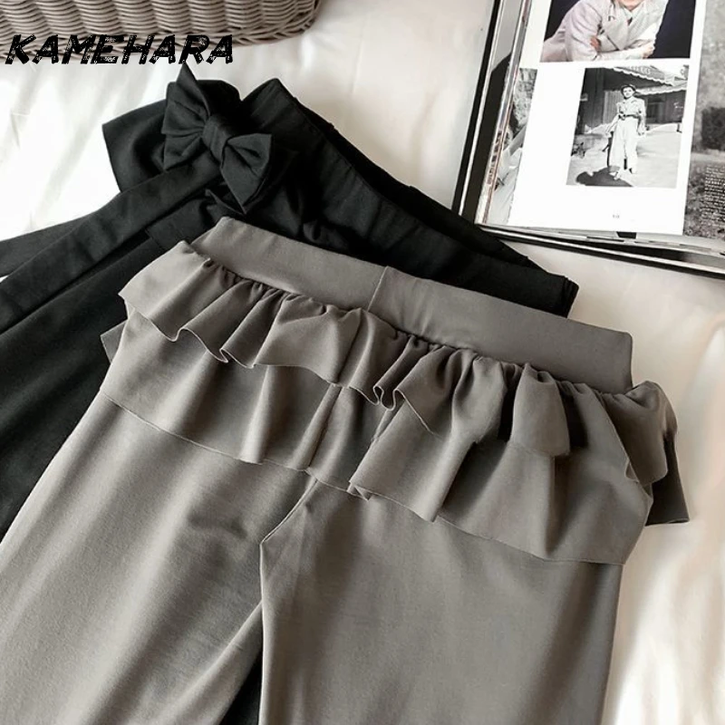 KAMEHARA Japanese Soft Girl Cake Fake Two Piece Skirt Pant Female Harajuku Style Y2k Sexy Slim Fit Slightly Flared Wide Leg Pant