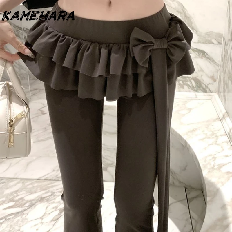 KAMEHARA Japanese Soft Girl Cake Fake Two Piece Skirt Pant Female Harajuku Style Y2k Sexy Slim Fit Slightly Flared Wide Leg Pant