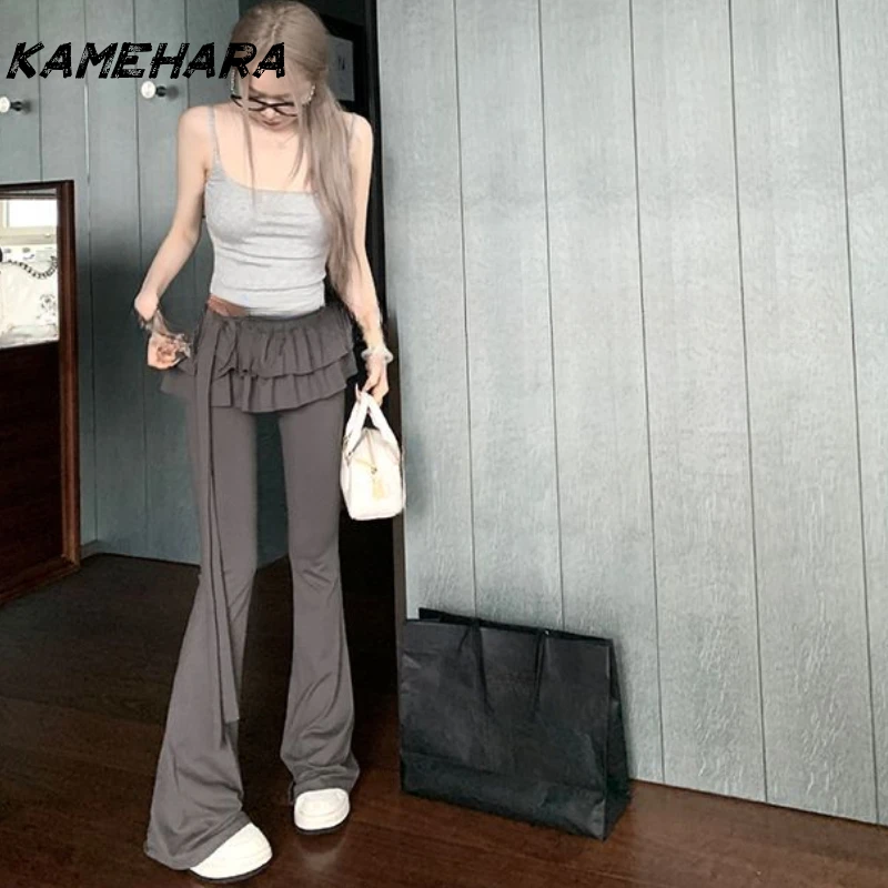 KAMEHARA Japanese Soft Girl Cake Fake Two Piece Skirt Pant Female Harajuku Style Y2k Sexy Slim Fit Slightly Flared Wide Leg Pant