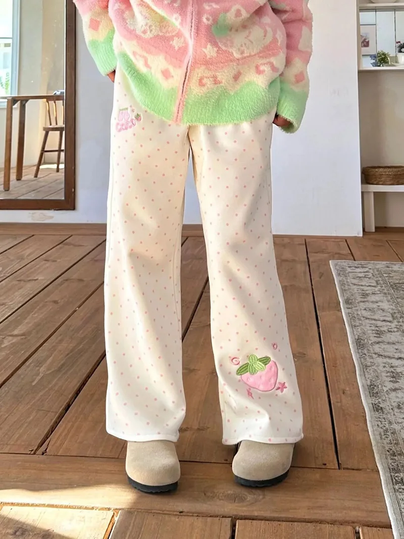 Kawaii Sweet Wide Leg Pants Women High Waist Cute Strawberry Embroidery Trousers Japan Preppy Style Female Spring Casual Pant