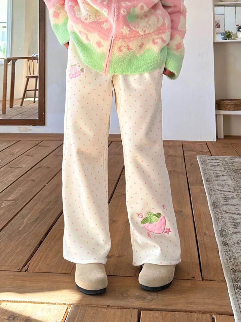 Kawaii Sweet Wide Leg Pants Women High Waist Cute Strawberry Embroidery Trousers Japan Preppy Style Female Spring Casual Pant