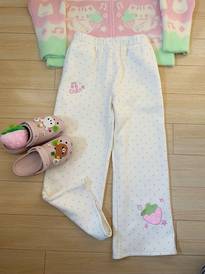 Kawaii Sweet Wide Leg Pants Women High Waist Cute Strawberry Embroidery Trousers Japan Preppy Style Female Spring Casual Pant