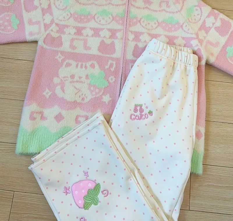 Kawaii Sweet Wide Leg Pants Women High Waist Cute Strawberry Embroidery Trousers Japan Preppy Style Female Spring Casual Pant