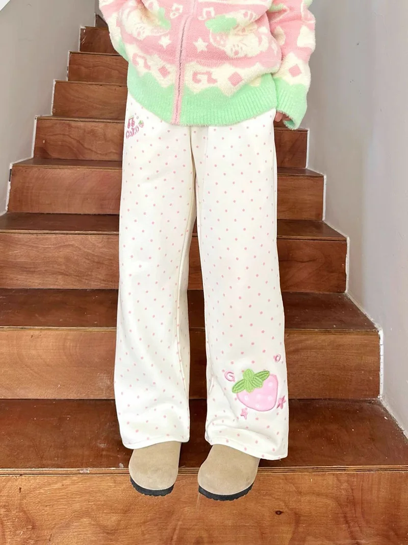 Kawaii Sweet Wide Leg Pants Women High Waist Cute Strawberry Embroidery Trousers Japan Preppy Style Female Spring Casual Pant