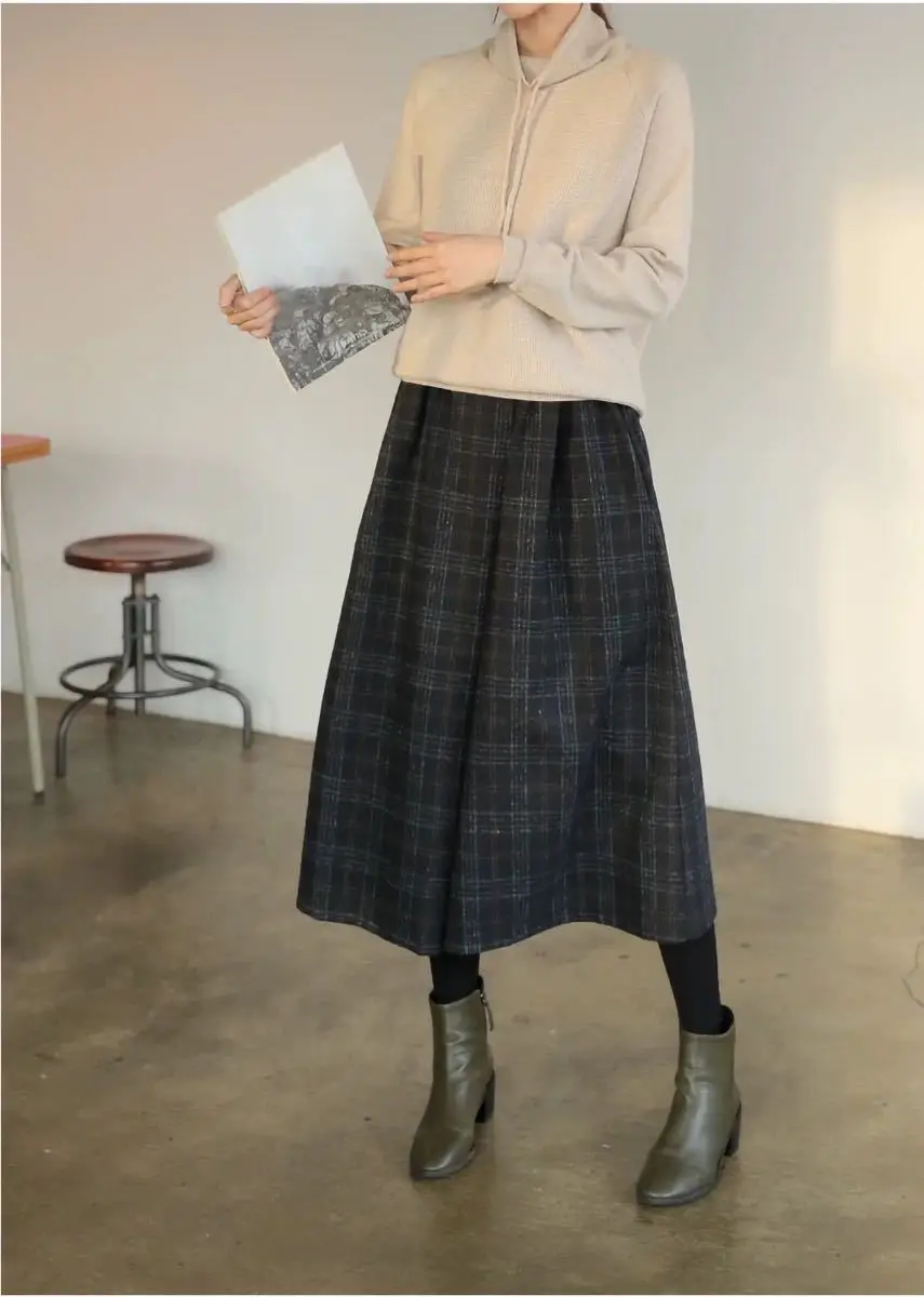 Women Elastic High Waist Woolen Pants Autumn Winter New Plaid Wool Wide Leg Pants Female Casual Loose Ankle-Length Skirts Pants