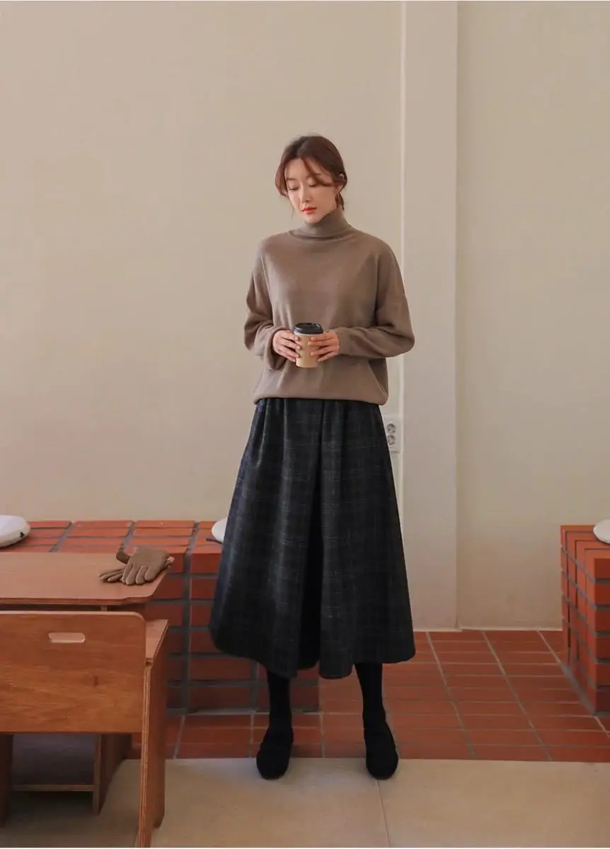 Women Elastic High Waist Woolen Pants Autumn Winter New Plaid Wool Wide Leg Pants Female Casual Loose Ankle-Length Skirts Pants