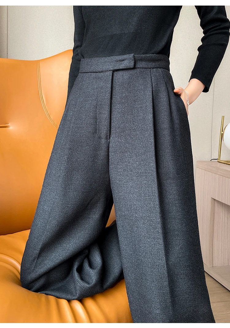 WOOL Autumn Slim High Waist Straight Women's Pants Casual Solid Color Loose Chic Female Wide Leg Pants Fashion Office Ladies