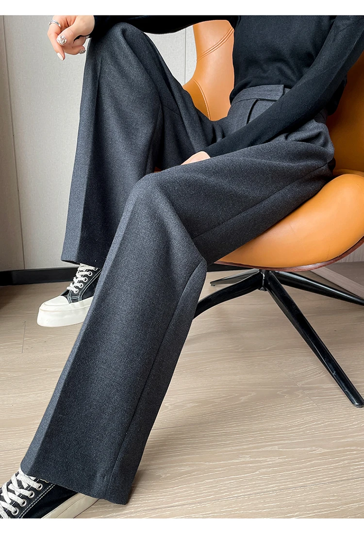 WOOL Autumn Slim High Waist Straight Women's Pants Casual Solid Color Loose Chic Female Wide Leg Pants Fashion Office Ladies