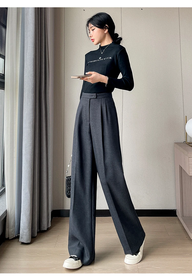 WOOL Autumn Slim High Waist Straight Women's Pants Casual Solid Color Loose Chic Female Wide Leg Pants Fashion Office Ladies